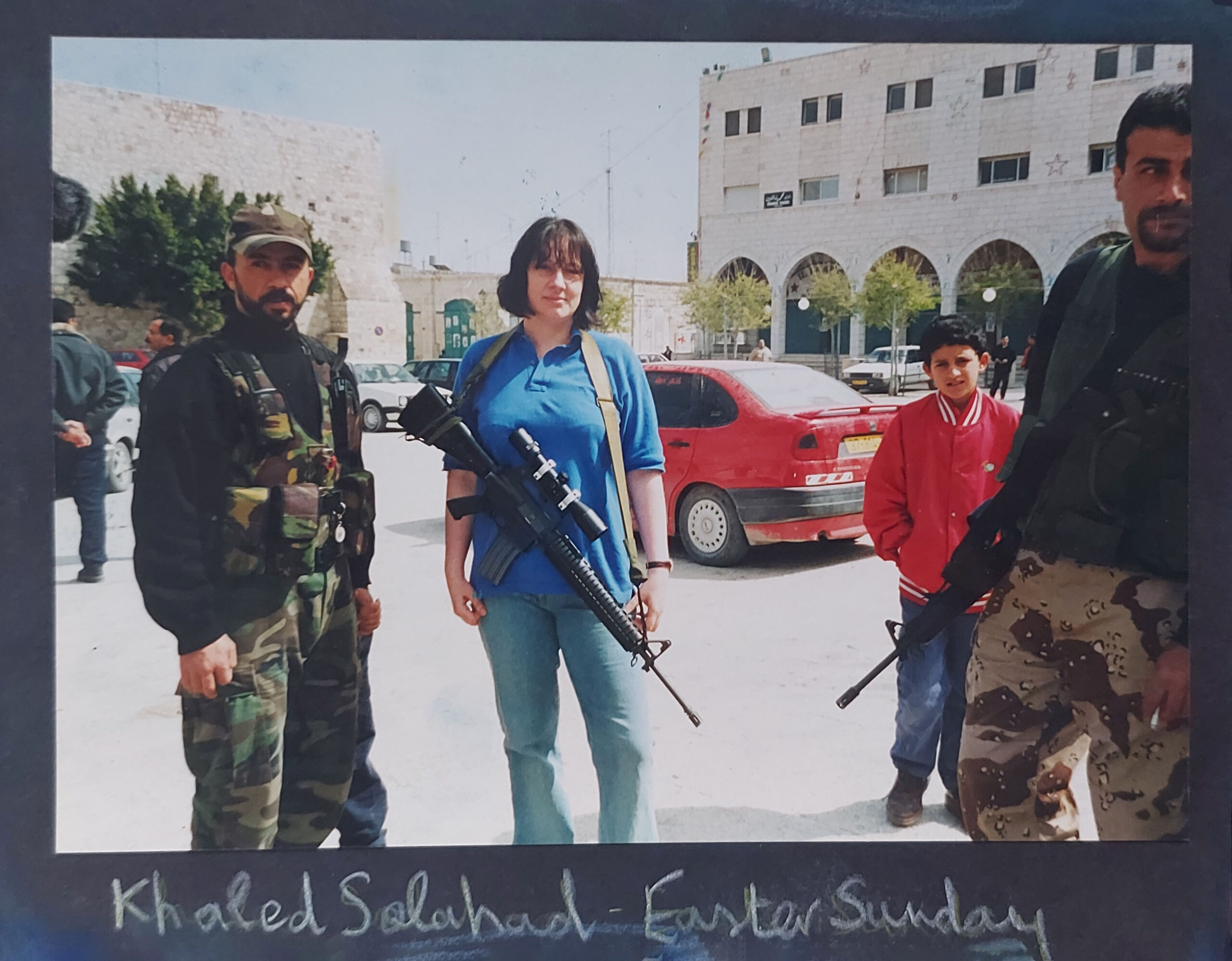 Khaled Salahad, Al-Alqsa Martyrs' Brigade, with Lilian Pizzichini at Nativity Square, Bethlehem 2002